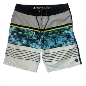 Freeworld Board Shorts Mens 34 Surf Swim Trunks Blue Gray Stripe